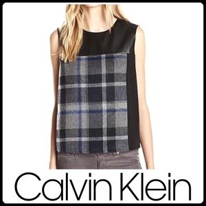 Calvin Klein plaid wool, faux leather top